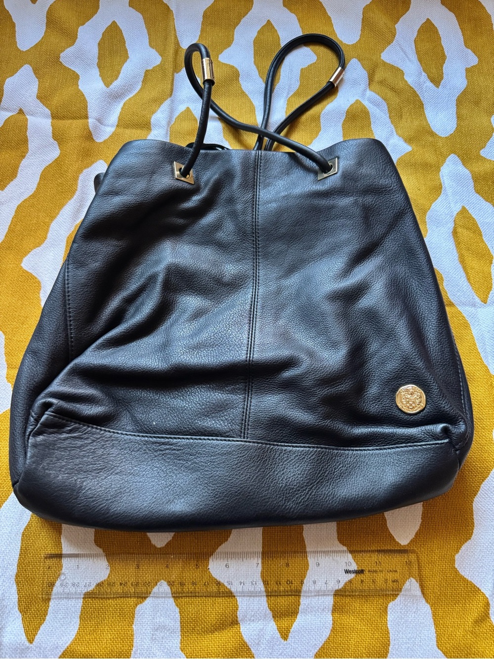 Vince Camuto Black Leather Bucket Tote with Gold Medallion